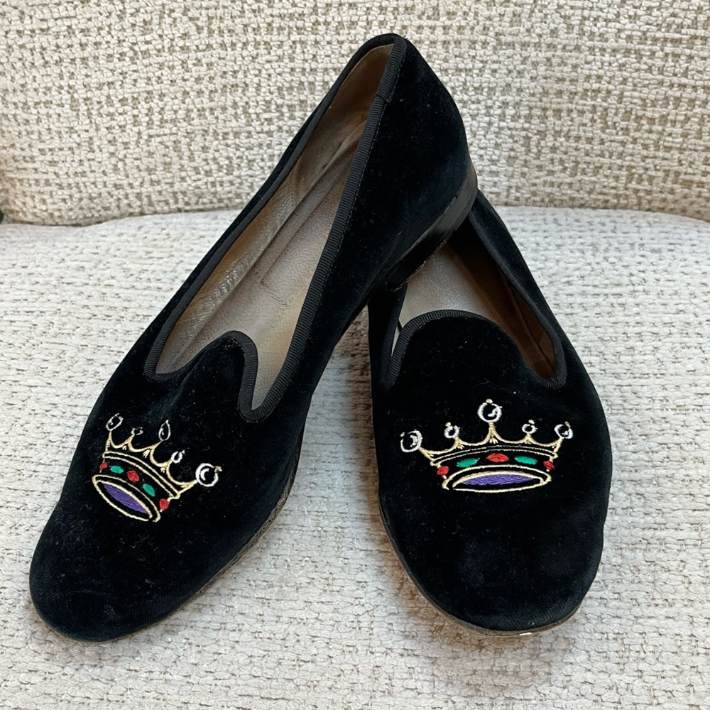 Stubbs & Wootton, Black Velour Crown Detail, Flat Loafers, Size 7.5, GUC